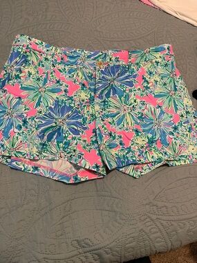 Lilly Pulitzer Pink Floral Bermuda Shorts with Blue & Green Flowers
